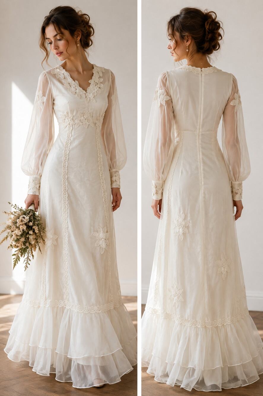 Vintage Handmade Prairie Maxi Dress Organza Lace Applique Sheer Sleeve Bridal M